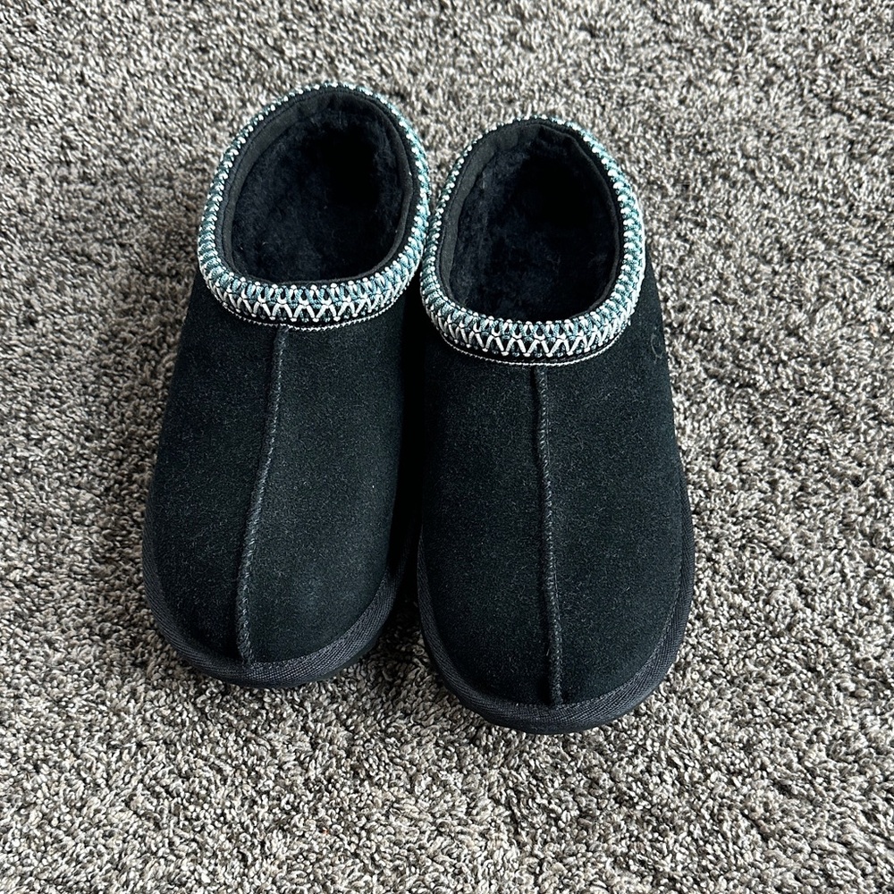 Black Suede Slippers with Blue Trim